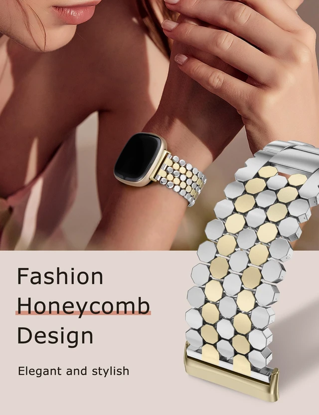 Alt view image 5 of 6 - Metal Bands Compatible with Fitbit Sense 2/Versa 4/Versa 3/Sense Bands Women, Dressy Stainless Steel Chain Honeycomb Designer Luxury Chic Link Bracelet Wristband Replacement Strap for Versa 4