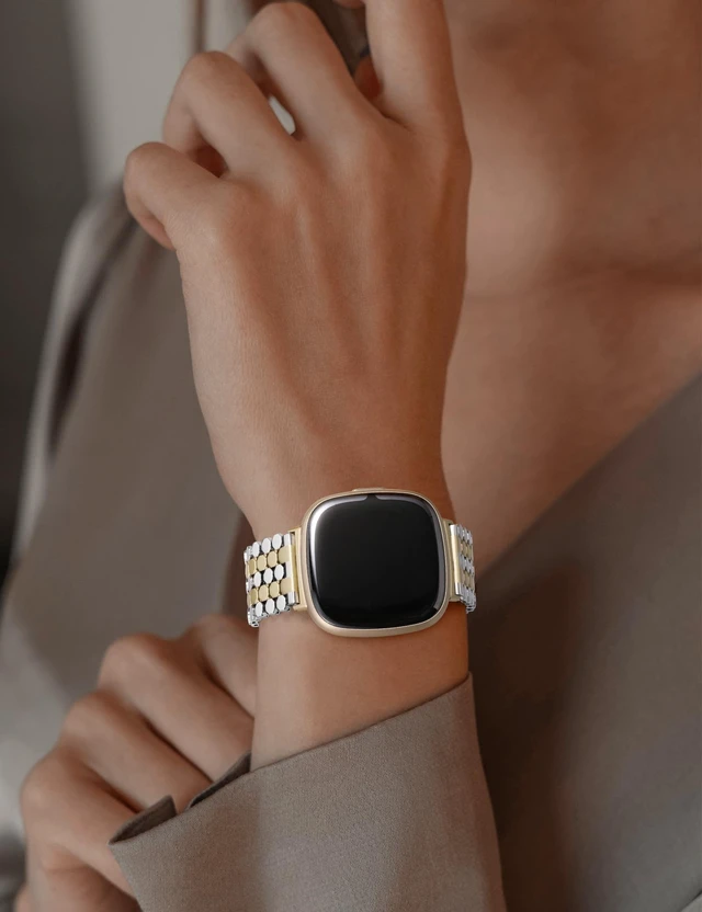 Alt view image 6 of 6 - Metal Bands Compatible with Fitbit Sense 2/Versa 4/Versa 3/Sense Bands Women, Dressy Stainless Steel Chain Honeycomb Designer Luxury Chic Link Bracelet Wristband Replacement Strap for Versa 4