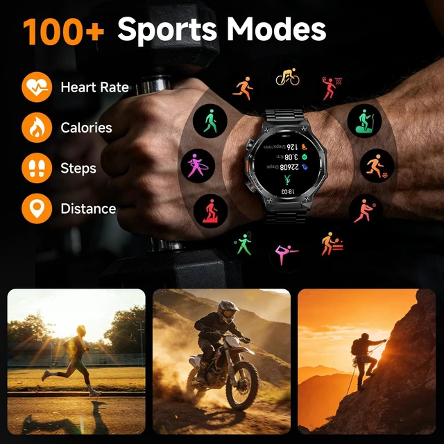 Alt view image 4 of 7 - 1.75" HD Screen Military Watches for Men with Bluetooth Call/Answer Military Watch with Flashlight, 800mAh Battery, SpO2 Heart Rate Sleep Monitoring IP68 Waterproof Smartwatches for Android iOS