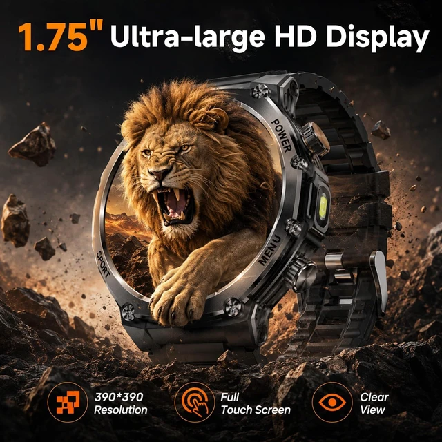 Alt view image 5 of 7 - 1.75" HD Screen Military Watches for Men with Bluetooth Call/Answer Military Watch with Flashlight, 800mAh Battery, SpO2 Heart Rate Sleep Monitoring IP68 Waterproof Smartwatches for Android iOS