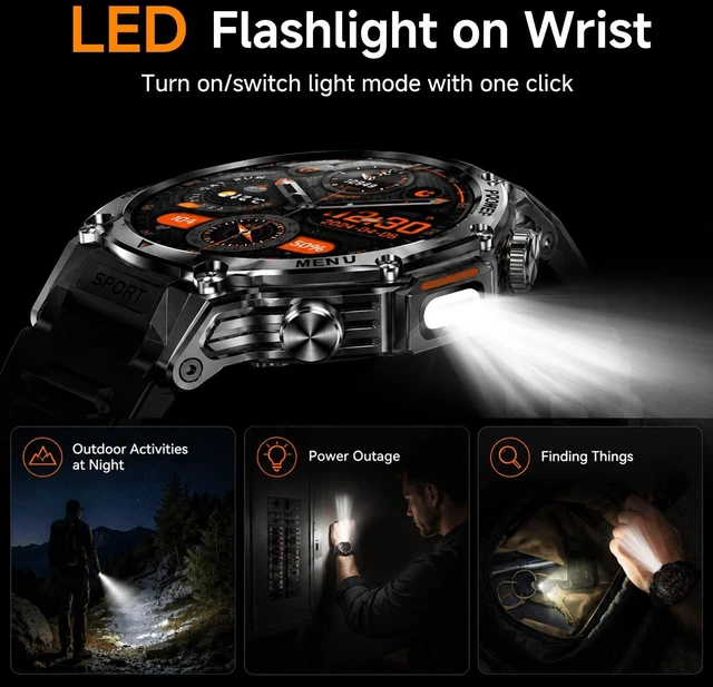 Alt view image 6 of 7 - 1.75" HD Screen Military Watches for Men with Bluetooth Call/Answer Military Watch with Flashlight, 800mAh Battery, SpO2 Heart Rate Sleep Monitoring IP68 Waterproof Smartwatches for Android iOS