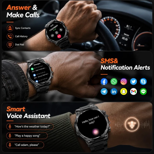 Alt view image 7 of 7 - 1.75" HD Screen Military Watches for Men with Bluetooth Call/Answer Military Watch with Flashlight, 800mAh Battery, SpO2 Heart Rate Sleep Monitoring IP68 Waterproof Smartwatches for Android iOS