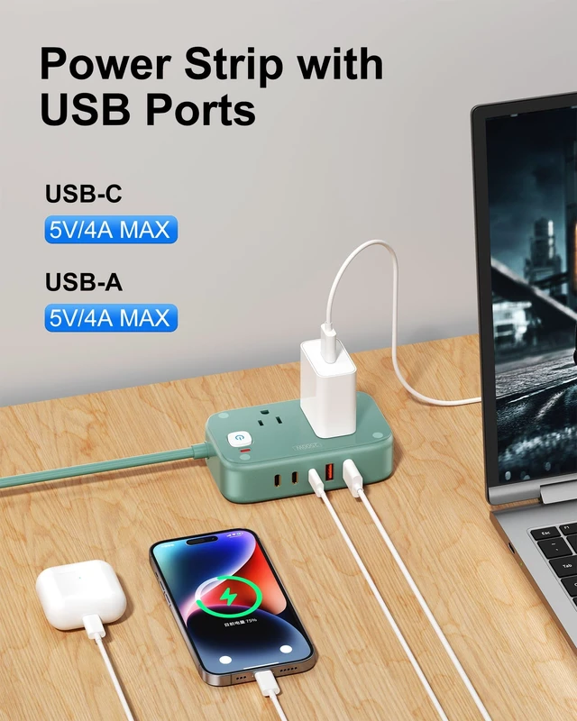 Alt view image 3 of 7 - Power Strip with USB C - 40W Charging Station with 2 Outlets 3 USB C & 2 USB A - Charger for Multiple Devices, 5Ft Flat Plug Extension Cord for Travel Cruise Ship Office Dorm (Green)