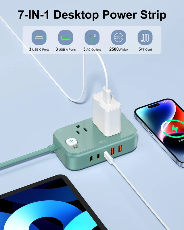 Alt view image 2 of 7 - Power Strip with USB C - 40W Charging Station with 2 Outlets 3 USB C & 2 USB A - Charger for Multiple Devices, 5Ft Flat Plug Extension Cord for Travel Cruise Ship Office Dorm (Green)