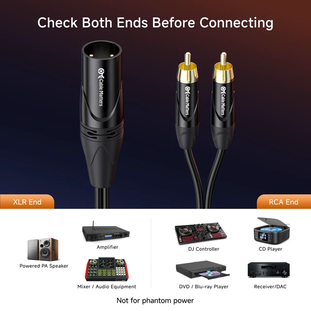Alt view image 4 of 6 - Dual RCA to XLR Stereo Audio Splitter, 6ft XLR Male to 2x RCA Male Splitter, XLR to Dual RCA Splitter, Black