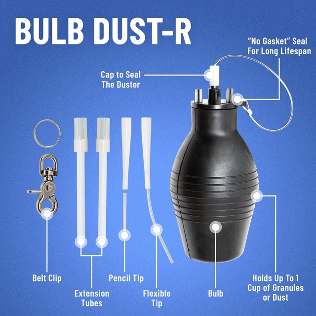 Alt view image 2 of 5 - Bulb Dust-R 1150, Natural Rubber Hand Duster Applicator For Dusts and Granules, Includes Application Tips, Extension Tube and Belt Clip