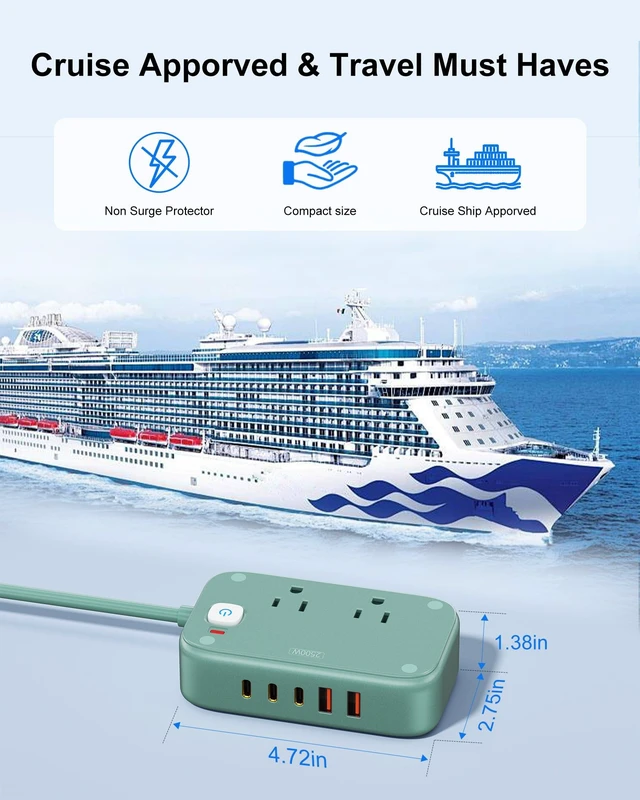 Alt view image 4 of 7 - Power Strip with USB C - 40W Charging Station with 2 Outlets 3 USB C & 2 USB A - Charger for Multiple Devices, 5Ft Flat Plug Extension Cord for Travel Cruise Ship Office Dorm (Green)