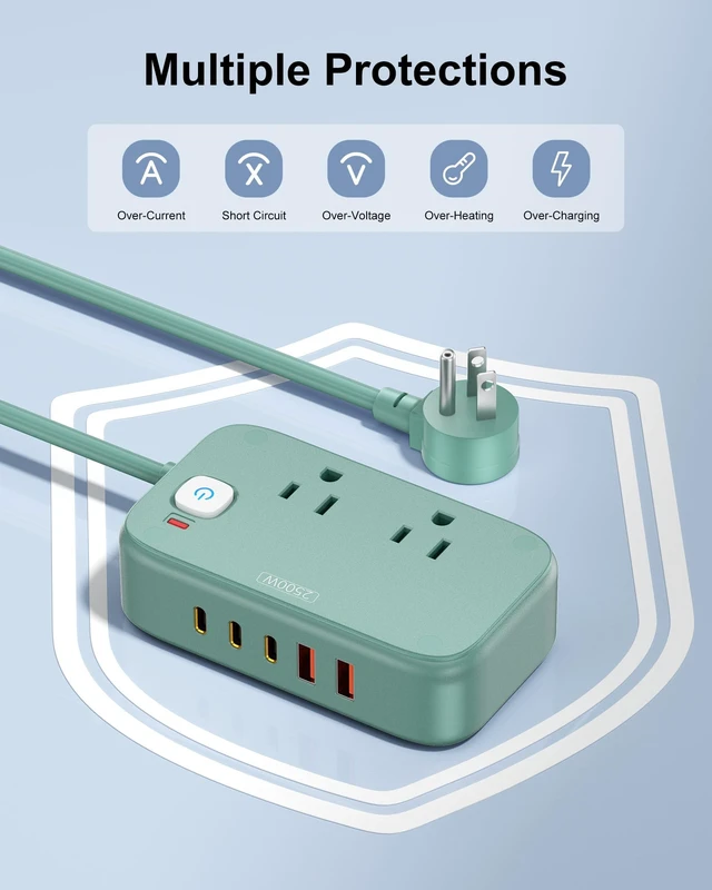 Alt view image 7 of 7 - Power Strip with USB C - 40W Charging Station with 2 Outlets 3 USB C & 2 USB A - Charger for Multiple Devices, 5Ft Flat Plug Extension Cord for Travel Cruise Ship Office Dorm (Green)