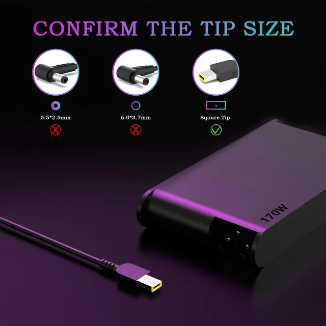 Alt view image 2 of 7 - 170W AC Charger Compatible with Lenovo ThinkPad P1 Gen 6 P16 Extreme Gen 6 5 4 3 2 1 ThinkPad P50 P51 P52 P53 P70 P71 P72 P73 P51 P52 P53 Power Cord