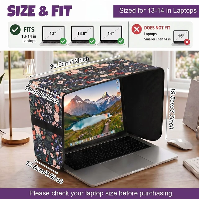 Alt view image 2 of 7 - Laptop Shade 13-14 Inch, Outdoor Black Floral Pattern Foldable Sun Visor Blocks Glare, Protect Screen for Outdoor Work, Lightweight Anti-glare Hood, Portable Laptop Block