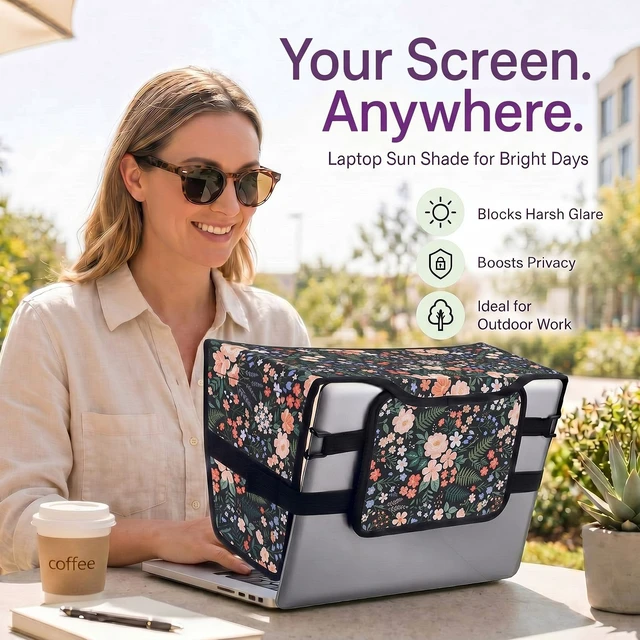 Alt view image 4 of 7 - Laptop Shade 13-14 Inch, Outdoor Black Floral Pattern Foldable Sun Visor Blocks Glare, Protect Screen for Outdoor Work, Lightweight Anti-glare Hood, Portable Laptop Block