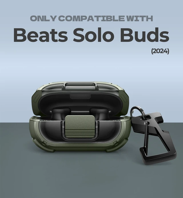 Alt view image 2 of 7 - for Beats Solo Buds Case with Drop-Proof Lock, Shockproof Rugged Bumper Cases Protective Cover with Carabiner & Keyring & Cleaner Kit for Beats Solo Buds 2024 Green