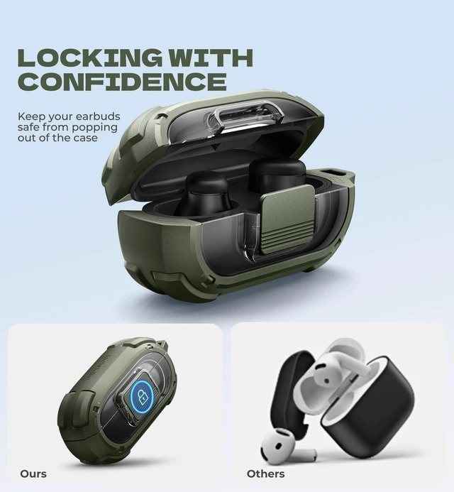 Alt view image 3 of 7 - for Beats Solo Buds Case with Drop-Proof Lock, Shockproof Rugged Bumper Cases Protective Cover with Carabiner & Keyring & Cleaner Kit for Beats Solo Buds 2024 Green