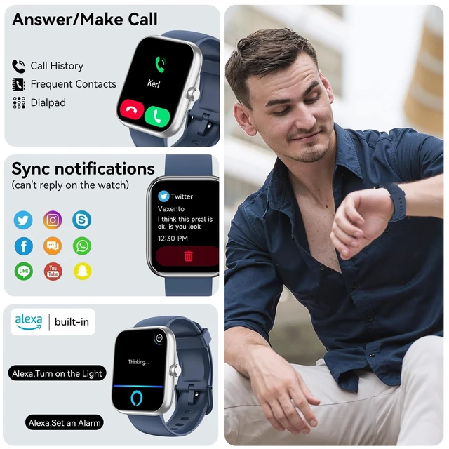 Alt view image 2 of 7 - Smart Watch with Alexa Built-in 1.83" HD 2026 Health Fitness Tracker Bluetooth Calls and Notifications 120+ Sport Modes Heart Rate Sleep Monitor Fitness Watch IP68 Waterproof iPhone Android (Blue)
