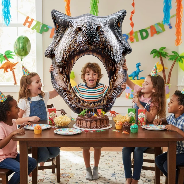 Alt view image 3 of 7 - 59" Dino Themed Photo Backdrop Dinosaur Head Photos Frame Inflatable Balloon Decorations, Hanging Dinosaur Photo Booth Props for Dino Party Decorations, Jungle Safari, Birthday Party
