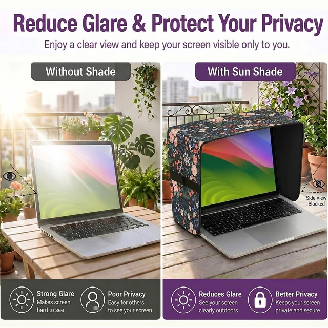 Alt view image 5 of 7 - Laptop Shade 13-14 Inch, Outdoor Black Floral Pattern Foldable Sun Visor Blocks Glare, Protect Screen for Outdoor Work, Lightweight Anti-glare Hood, Portable Laptop Block