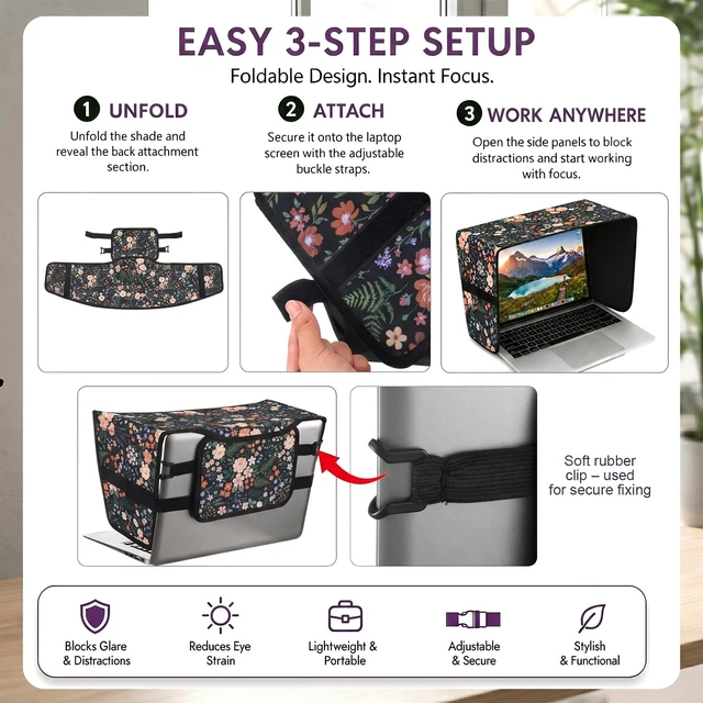 Alt view image 7 of 7 - Laptop Shade 13-14 Inch, Outdoor Black Floral Pattern Foldable Sun Visor Blocks Glare, Protect Screen for Outdoor Work, Lightweight Anti-glare Hood, Portable Laptop Block