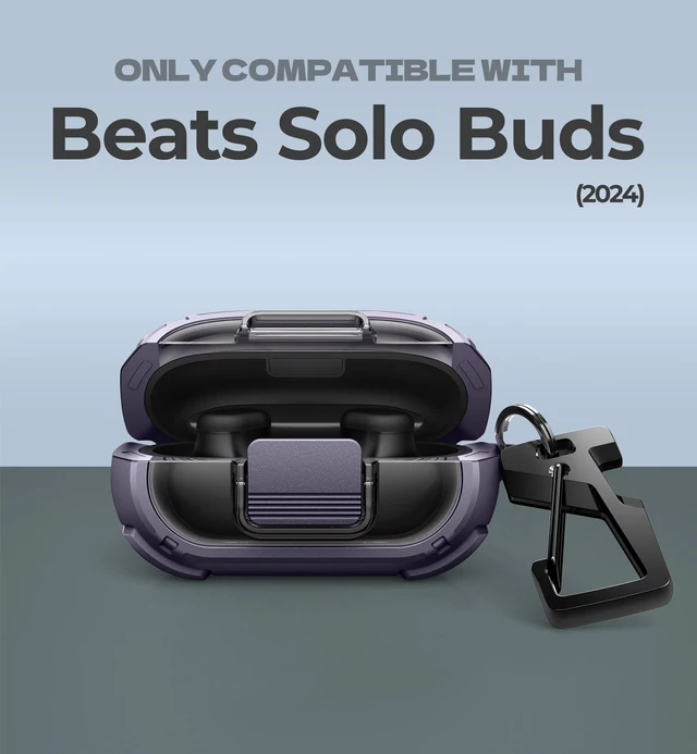 Alt view image 2 of 7 - for Beats Solo Buds Case with Drop-Proof Lock, Shockproof Rugged Bumper Cases Protective Cover with Carabiner & Keyring & Cleaner Kit for Beats Solo Buds 2024 Purple