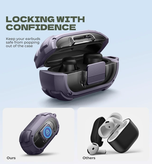Alt view image 3 of 7 - for Beats Solo Buds Case with Drop-Proof Lock, Shockproof Rugged Bumper Cases Protective Cover with Carabiner & Keyring & Cleaner Kit for Beats Solo Buds 2024 Purple