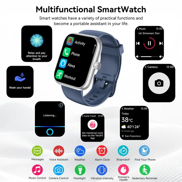 Alt view image 7 of 7 - Smart Watch with Alexa Built-in 1.83" HD 2026 Health Fitness Tracker Bluetooth Calls and Notifications 120+ Sport Modes Heart Rate Sleep Monitor Fitness Watch IP68 Waterproof iPhone Android (Blue)