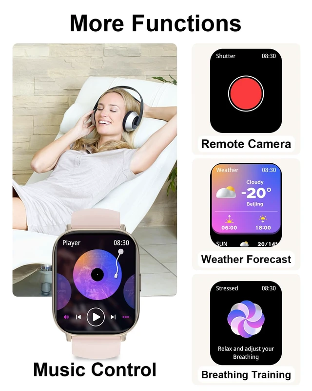 Alt view image 6 of 7 - Smart Watch, 2.01 HD Smart Watches for Women, Fitness Tracker Watch with Blood Pressure/Heart Rate/Sleep Monitor, Bluetooth 5.2 Smartwatch for Android/iOS Phones, IP67 Waterproof Sport Watch (Pink)