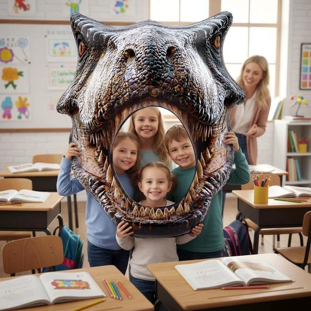 Alt view image 4 of 7 - 59" Dino Themed Photo Backdrop Dinosaur Head Photos Frame Inflatable Balloon Decorations, Hanging Dinosaur Photo Booth Props for Dino Party Decorations, Jungle Safari, Birthday Party