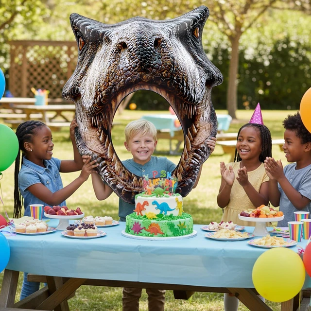 Alt view image 5 of 7 - 59" Dino Themed Photo Backdrop Dinosaur Head Photos Frame Inflatable Balloon Decorations, Hanging Dinosaur Photo Booth Props for Dino Party Decorations, Jungle Safari, Birthday Party