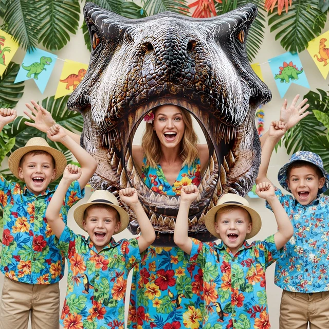 Alt view image 6 of 7 - 59" Dino Themed Photo Backdrop Dinosaur Head Photos Frame Inflatable Balloon Decorations, Hanging Dinosaur Photo Booth Props for Dino Party Decorations, Jungle Safari, Birthday Party