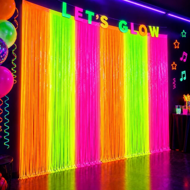 Main image of Glow in the Dark Party Supplies, 2 Pack Foil Fringe Curtains, 6.6 x 6.6 Ft Neon party decorations and glow party backdrop for blacklight birthday parties, photo booths, graduations and dance parties