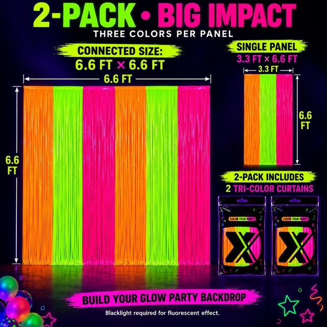 Alt view image 3 of 7 - Glow in the Dark Party Supplies, 2 Pack Foil Fringe Curtains, 6.6 x 6.6 Ft Neon party decorations and glow party backdrop for blacklight birthday parties, photo booths, graduations and dance parties