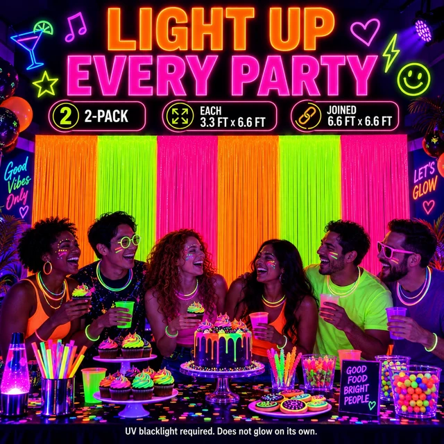 Alt view image 5 of 7 - Glow in the Dark Party Supplies, 2 Pack Foil Fringe Curtains, 6.6 x 6.6 Ft Neon party decorations and glow party backdrop for blacklight birthday parties, photo booths, graduations and dance parties