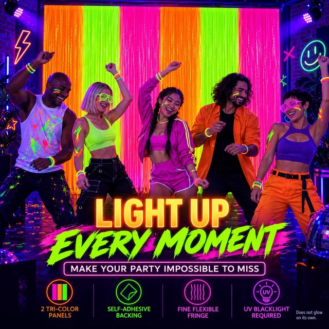 Alt view image 4 of 7 - Glow in the Dark Party Supplies, 2 Pack Foil Fringe Curtains, 6.6 x 6.6 Ft Neon party decorations and glow party backdrop for blacklight birthday parties, photo booths, graduations and dance parties