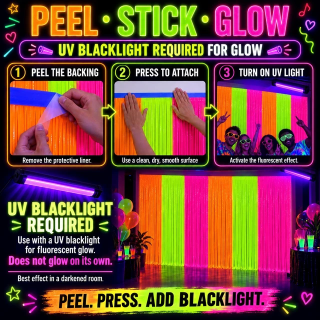 Alt view image 6 of 7 - Glow in the Dark Party Supplies, 2 Pack Foil Fringe Curtains, 6.6 x 6.6 Ft Neon party decorations and glow party backdrop for blacklight birthday parties, photo booths, graduations and dance parties
