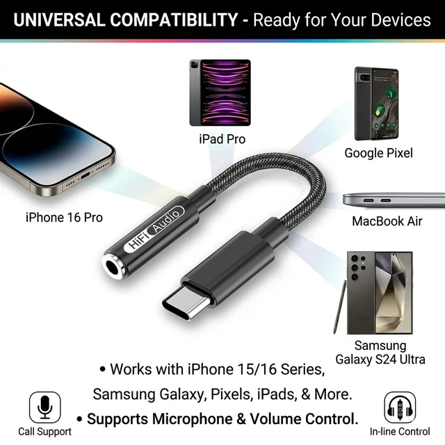Alt view image 6 of 7 - USB C to 3.5mm Audio Adapter, Hi-Res 32bit/384kHz Type C to Aux Hi-Res DAC, Plug & Play for Headphones & Car Audio, Supports Calls & Music, Aluminum Alloy Shell