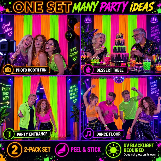 Alt view image 7 of 7 - Glow in the Dark Party Supplies, 2 Pack Foil Fringe Curtains, 6.6 x 6.6 Ft Neon party decorations and glow party backdrop for blacklight birthday parties, photo booths, graduations and dance parties