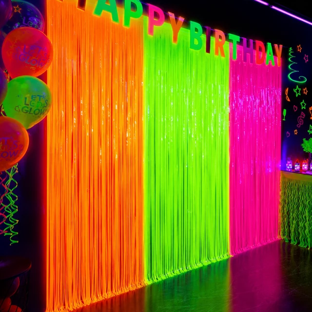 Main image of 3 Pack Glow in the Dark Party Supplies, Foil Fringe Curtains, 9.9 x 6.6 ft Neon party decorations and glow party backdrop for blacklight birthday parties, photo booths, graduations and dance parties