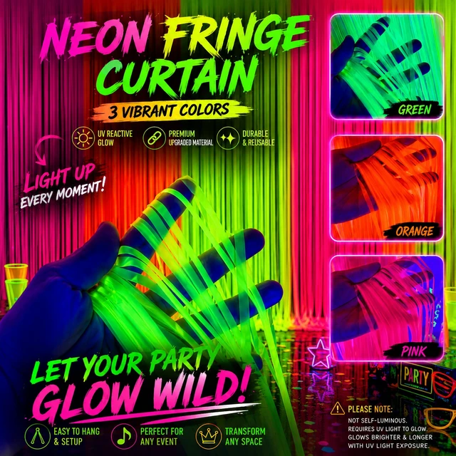 Alt view image 2 of 7 - 3 Pack Glow in the Dark Party Supplies, Foil Fringe Curtains, 9.9 x 6.6 ft Neon party decorations and glow party backdrop for blacklight birthday parties, photo booths, graduations and dance parties