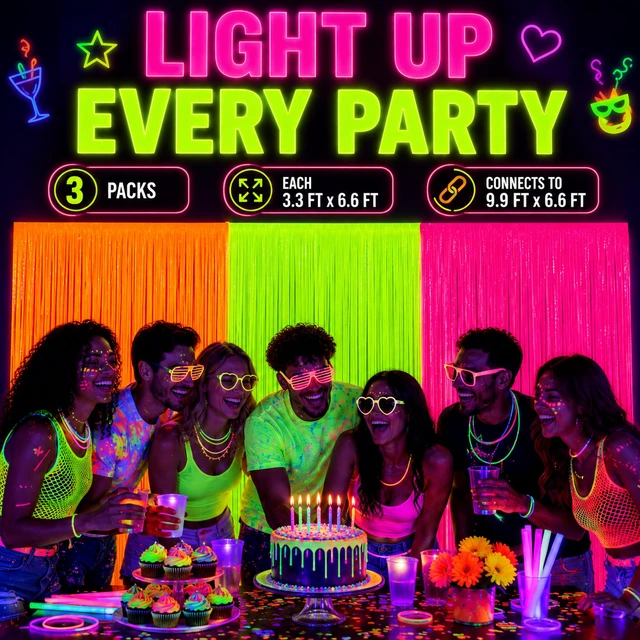 Alt view image 3 of 7 - 3 Pack Glow in the Dark Party Supplies, Foil Fringe Curtains, 9.9 x 6.6 ft Neon party decorations and glow party backdrop for blacklight birthday parties, photo booths, graduations and dance parties