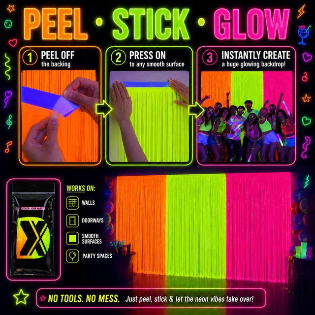 Alt view image 5 of 7 - 3 Pack Glow in the Dark Party Supplies, Foil Fringe Curtains, 9.9 x 6.6 ft Neon party decorations and glow party backdrop for blacklight birthday parties, photo booths, graduations and dance parties