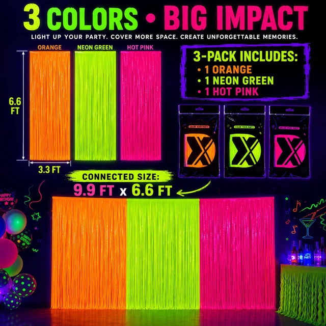 Alt view image 4 of 7 - 3 Pack Glow in the Dark Party Supplies, Foil Fringe Curtains, 9.9 x 6.6 ft Neon party decorations and glow party backdrop for blacklight birthday parties, photo booths, graduations and dance parties