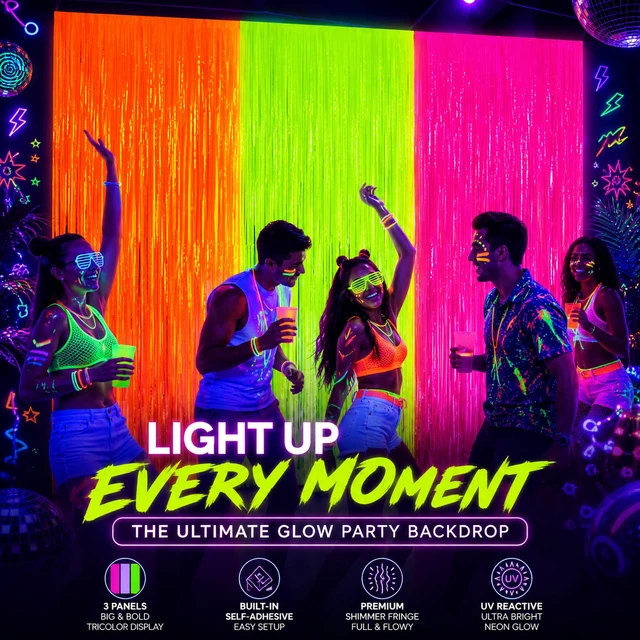 Alt view image 6 of 7 - 3 Pack Glow in the Dark Party Supplies, Foil Fringe Curtains, 9.9 x 6.6 ft Neon party decorations and glow party backdrop for blacklight birthday parties, photo booths, graduations and dance parties
