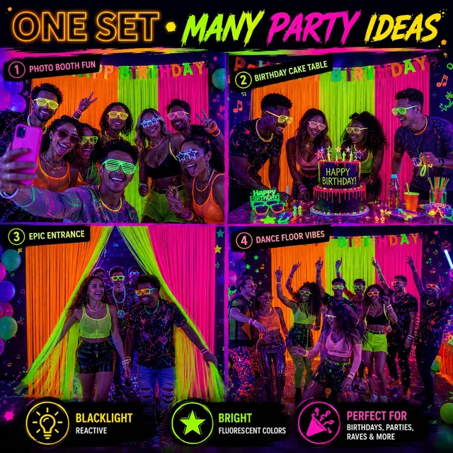 Alt view image 7 of 7 - 3 Pack Glow in the Dark Party Supplies, Foil Fringe Curtains, 9.9 x 6.6 ft Neon party decorations and glow party backdrop for blacklight birthday parties, photo booths, graduations and dance parties