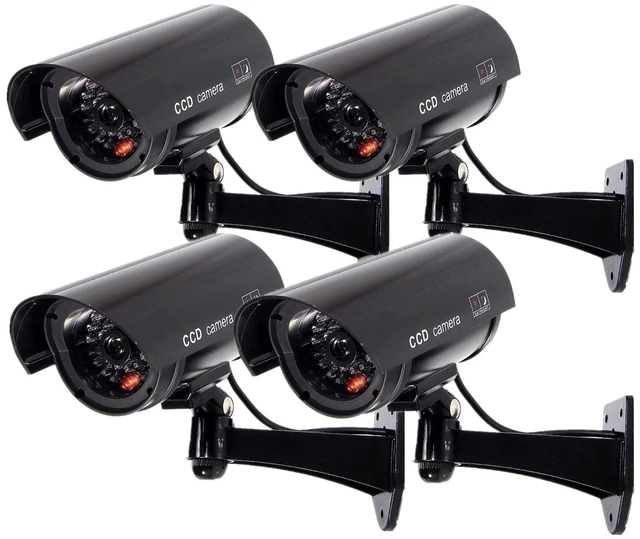 Main image of Outdoor Fake Security Camera, Dummy CCTV Surveillance System with Realistic Red Flashing Lights and Warning Sticker (4, Black)