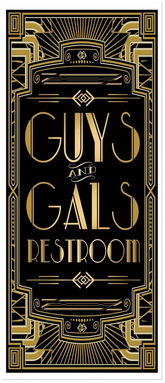 Main image of Roaring 20s Door Cover Gatsby Theme Party Guys and Gals Restroom 72x30inch Large Art Deco Jazz Party Banner, Vintage 1920s Jazz Party Entrance Backdrop