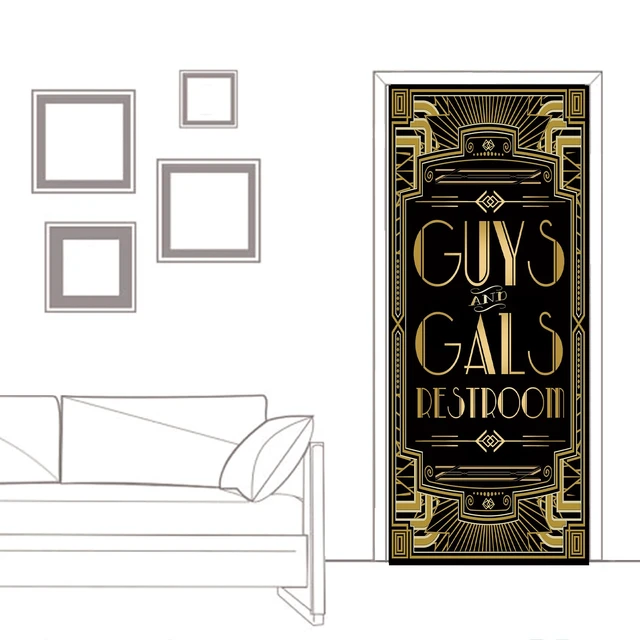 Alt view image 3 of 5 - Roaring 20s Door Cover Gatsby Theme Party Guys and Gals Restroom 72x30inch Large Art Deco Jazz Party Banner, Vintage 1920s Jazz Party Entrance Backdrop