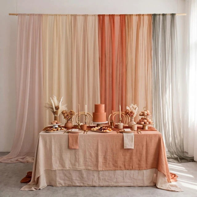 Alt view image 3 of 6 - 6Pcs Boho Beige Tulle Backdrop Curtains Wedding Party Decor Bohemian Classroom Sheer Decorations Photo Booth Backdrop Bridal Shower Baby Shower Bachelorette Bedroom Curtain 58x84in
