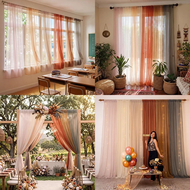Alt view image 5 of 6 - 6Pcs Boho Beige Tulle Backdrop Curtains Wedding Party Decor Bohemian Classroom Sheer Decorations Photo Booth Backdrop Bridal Shower Baby Shower Bachelorette Bedroom Curtain 58x84in