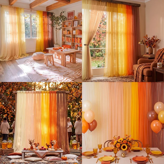 Alt view image 5 of 6 - 6 Pcs Orange Tulle Backdrop Curtains Fall Party Decor Halloween Thanksgiving Classroom Sheer Decorations Photo Booth Backdrop Birthday Harvest Boho Bedroom Curtain 58x84in