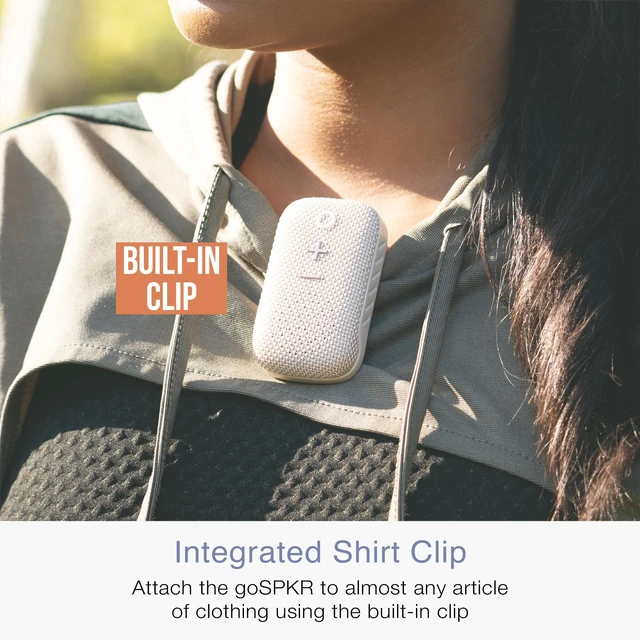 Alt view image 4 of 7 - goSPKR Small Wearable Clip-on Bluetooth Speaker with IPX5 Water Resistance, Built-in Speakerphone with Microphone for Hands-Free Calls, Compact Design, Can Connect Up to 2 in Stereo (Beige)