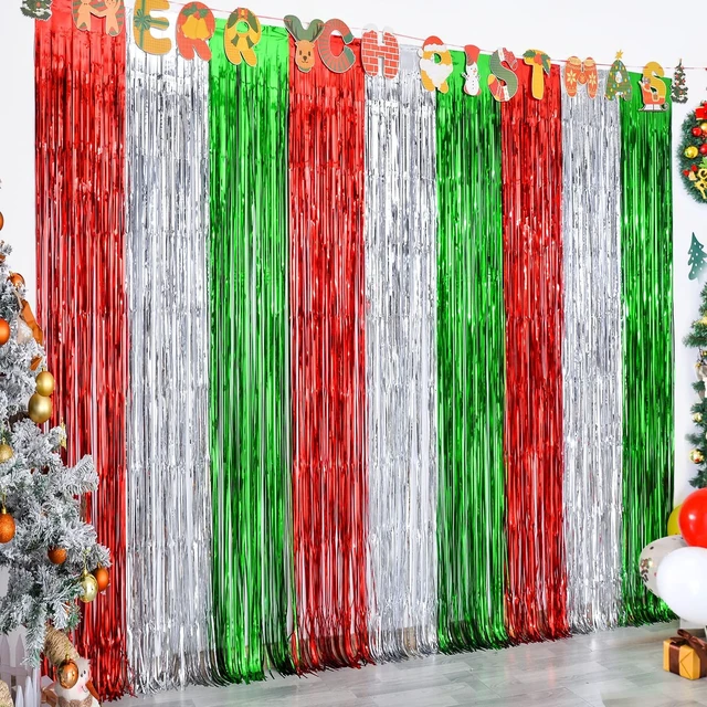 Main image of Christmas 3.3 x 6.6ft Foil Fringe Curtains Red Silver Green 5 Pack Tinsel Metallic, Photobooth Props Backdrop, Christmas Party Decorations, For Christmas in July, New Year, Ugly Sweater Party